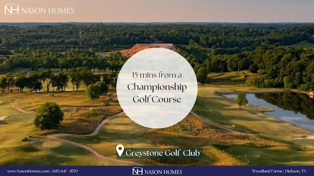 details featuring a view of trees and view of golf course