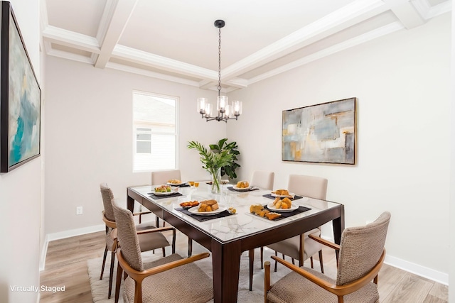 dining room with beam ceiling, light wood finished floors, crown molding, an inviting chandelier, and coffered ceiling