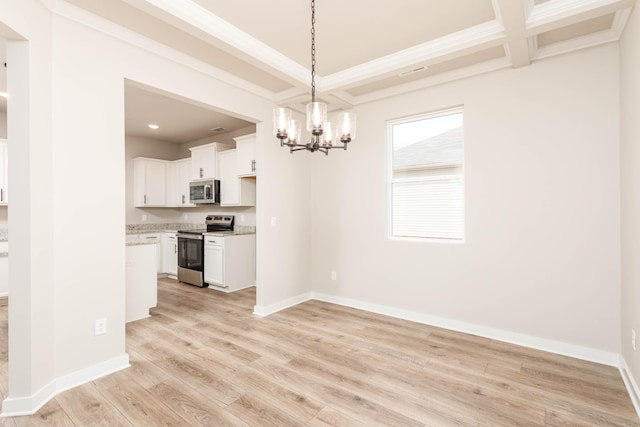 kitchen featuring a notable chandelier, light wood-style flooring, coffered ceiling, white cabinetry, and stainless steel appliances