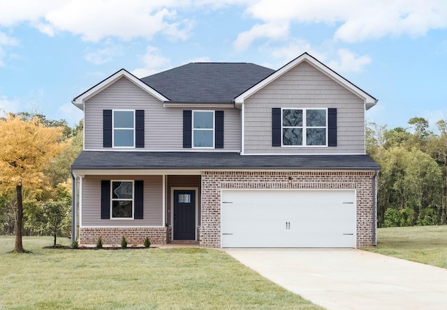 view of front of house with concrete driveway, brick siding, and a front yard