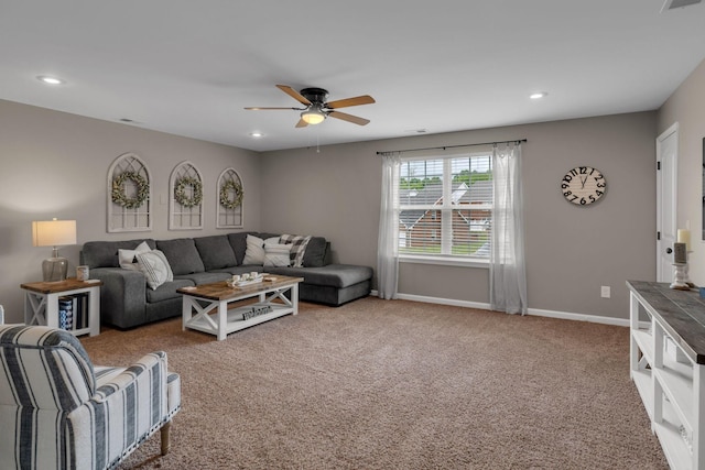 1803 Villa Cir, Lebanon, TN 37090 - living area featuring carpet, a ceiling fan, visible vents, baseboards, and recessed lighting