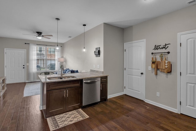 1803 Villa Cir, Lebanon, TN 37090 - kitchen with a ceiling fan, a peninsula, dark wood-style floors, and dishwasher