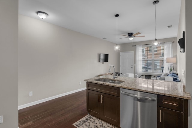 1803 Villa Cir, Lebanon, TN 37090 - kitchen with a ceiling fan, dishwasher, dark wood finished floors, dark brown cabinetry, and a sink