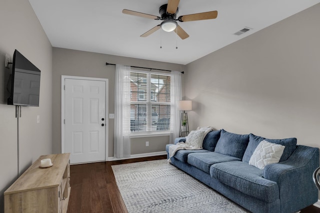 1803 Villa Cir, Lebanon, TN 37090 - living area with baseboards, ceiling fan, visible vents, and dark wood-type flooring