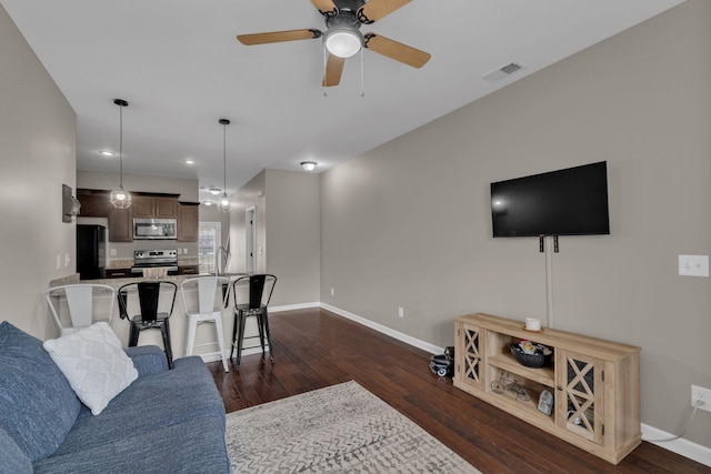 1803 Villa Cir, Lebanon, TN 37090 - living room featuring visible vents, recessed lighting, dark wood-style flooring, a ceiling fan, and baseboards