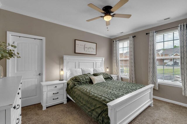 1803 Villa Cir, Lebanon, TN 37090 - bedroom featuring light colored carpet, visible vents, crown molding, ceiling fan, and baseboards