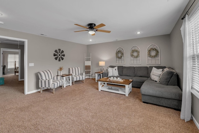 1803 Villa Cir, Lebanon, TN 37090 - carpeted living room with visible vents, baseboards, ceiling fan, and recessed lighting