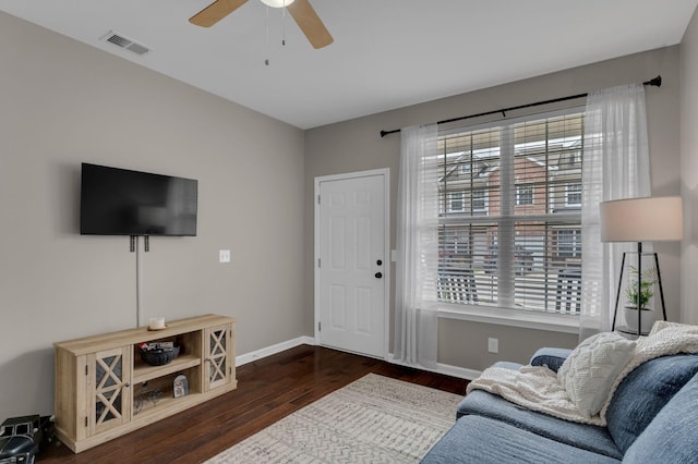 1803 Villa Cir, Lebanon, TN 37090 - living room featuring ceiling fan, baseboards, visible vents, and dark wood finished floors