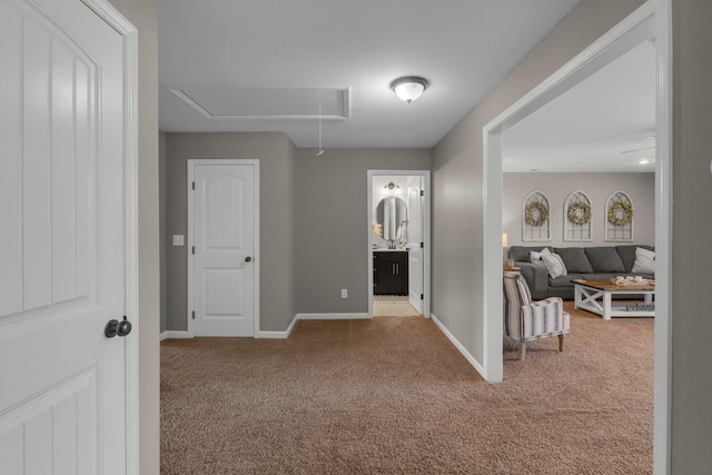 1803 Villa Cir, Lebanon, TN 37090 - hall featuring attic access, baseboards, and carpet flooring