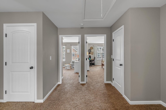 1803 Villa Cir, Lebanon, TN 37090 - hall featuring baseboards, attic access, and carpet