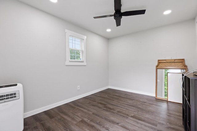 spare room with wood finished floors, baseboards, ceiling fan, and recessed lighting