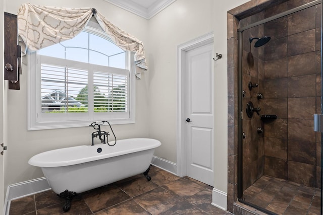 bathroom featuring a freestanding bath, baseboards, a shower stall, and ornamental molding