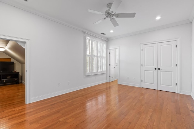 unfurnished bedroom with recessed lighting, baseboards, ornamental molding, visible vents, and light wood-style floors