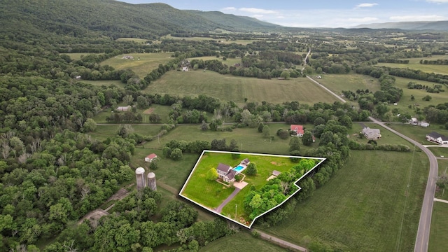 birds eye view of property with a mountain view and a rural view