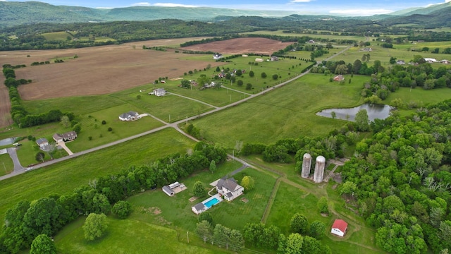 birds eye view of property with a water and mountain view and a rural view