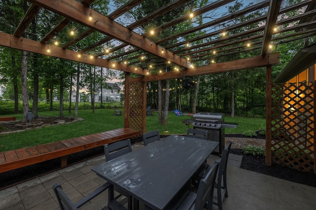 view of patio with a pergola, outdoor dining space, and a grill