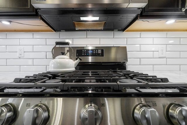 details with stainless steel range with gas cooktop, tasteful backsplash, and ventilation hood