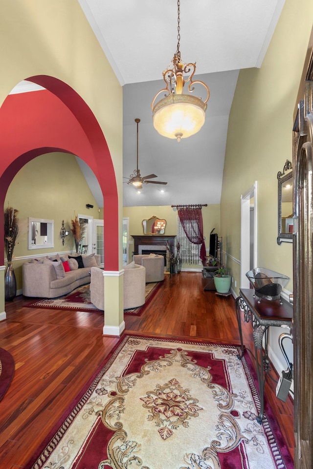 4006 Greentree Ct W, Smyrna, TN 37167 - entryway with ceiling fan, a towering ceiling, wood finished floors, arched walkways, and baseboards