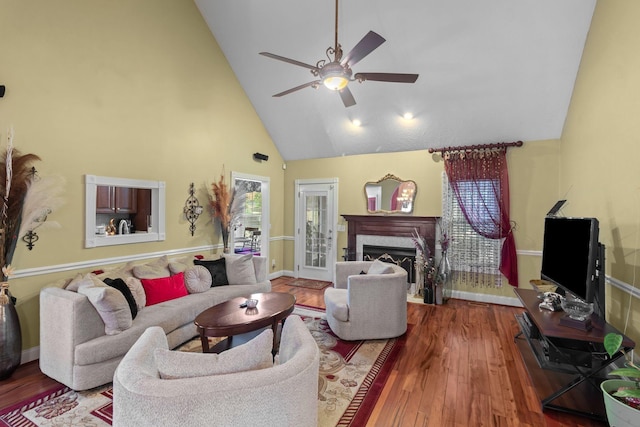 4006 Greentree Ct W, Smyrna, TN 37167 - living area featuring high vaulted ceiling, ceiling fan, wood finished floors, a fireplace, and baseboards