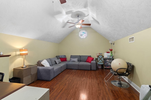 4006 Greentree Ct W, Smyrna, TN 37167 - living room with wood finished floors, a ceiling fan, a textured ceiling, lofted ceiling, and baseboards
