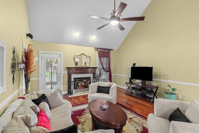 4006 Greentree Ct W, Smyrna, TN 37167 - living area featuring high vaulted ceiling, a ceiling fan, wood finished floors, a high end fireplace, and baseboards