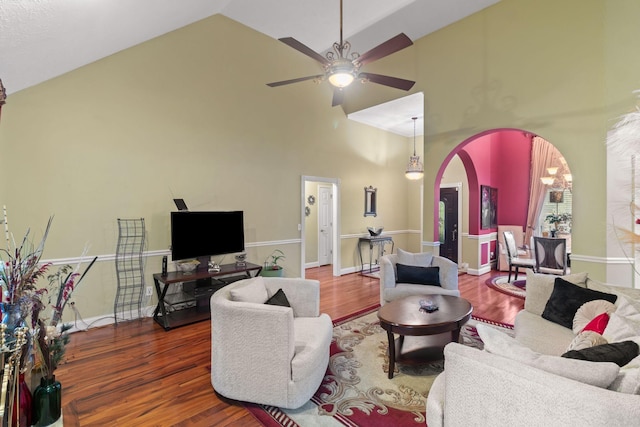 4006 Greentree Ct W, Smyrna, TN 37167 - living area with high vaulted ceiling, arched walkways, wood finished floors, ceiling fan, and baseboards