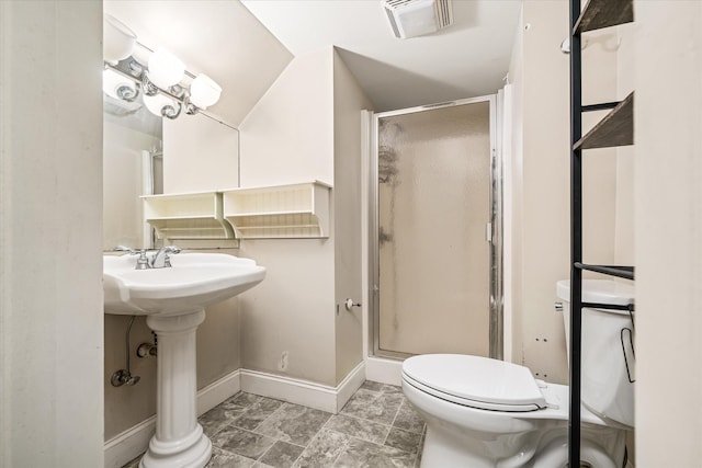 bathroom featuring toilet, baseboards, a shower stall, and visible vents