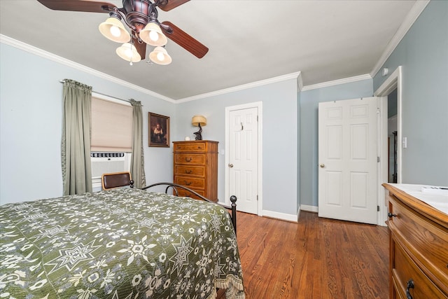 bedroom featuring crown molding, baseboards, a ceiling fan, and wood finished floors