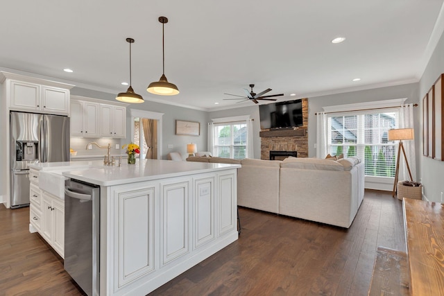kitchen with stainless steel appliances, a fireplace, crown molding, a ceiling fan, and white cabinets