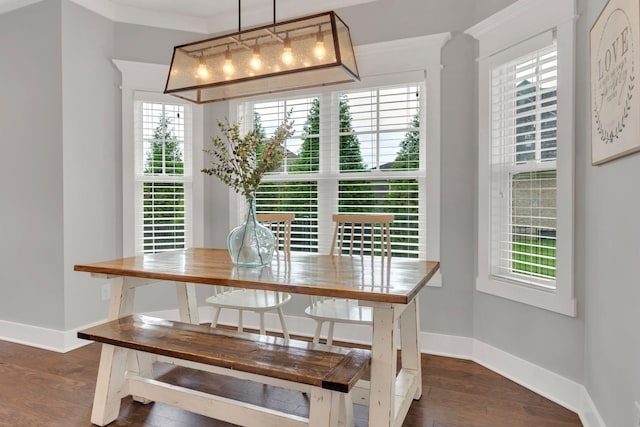dining space with baseboards, dark wood-style floors, and plenty of natural light