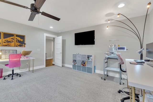 home office with recessed lighting, baseboards, ceiling fan, and carpet floors