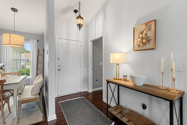 foyer entrance featuring dark wood finished floors and baseboards