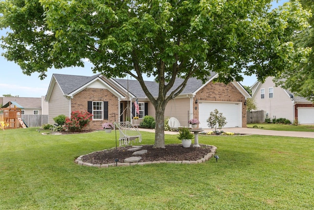 ranch-style house featuring a front lawn, brick siding, a garage, and concrete driveway