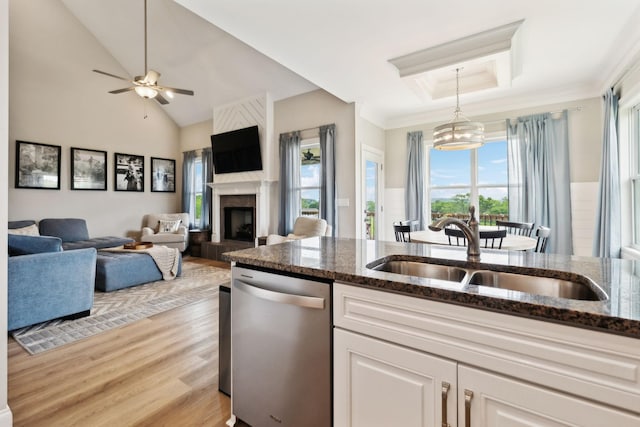kitchen featuring dark stone countertops, a sink, a fireplace, light wood-type flooring, and dishwasher