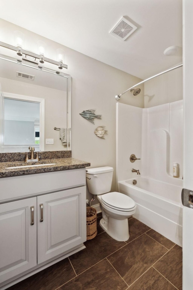 full bath featuring toilet, shower / bathtub combination, vanity, visible vents, and tile patterned flooring