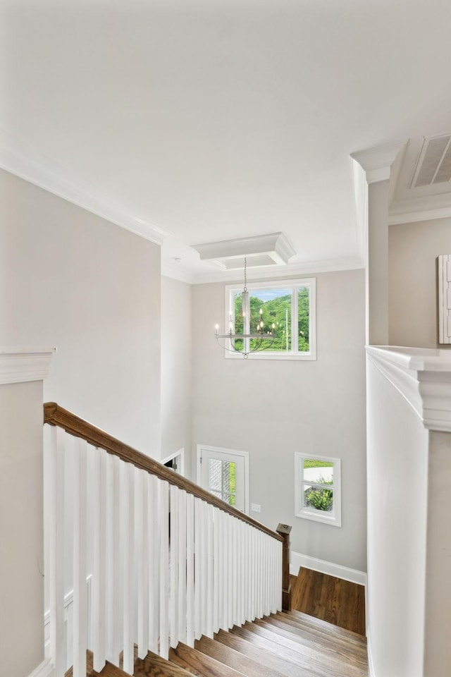stairway featuring ornamental molding, a notable chandelier, visible vents, and wood finished floors