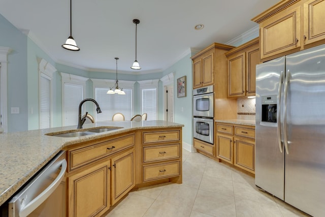 2808 Wynthrope Hall Dr N, Murfreesboro, TN 37129 - kitchen featuring light stone countertops, a sink, crown molding, tasteful backsplash, and appliances with stainless steel finishes