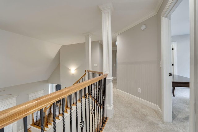 2808 Wynthrope Hall Dr N, Murfreesboro, TN 37129 - hall with decorative columns, carpet, an upstairs landing, crown molding, and baseboards