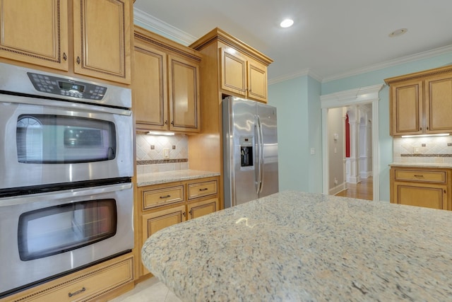 2808 Wynthrope Hall Dr N, Murfreesboro, TN 37129 - kitchen featuring recessed lighting, light stone counters, crown molding, backsplash, and stainless steel appliances
