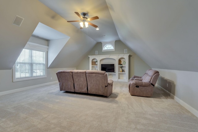 2808 Wynthrope Hall Dr N, Murfreesboro, TN 37129 - living room featuring baseboards, ceiling fan, carpet, and vaulted ceiling