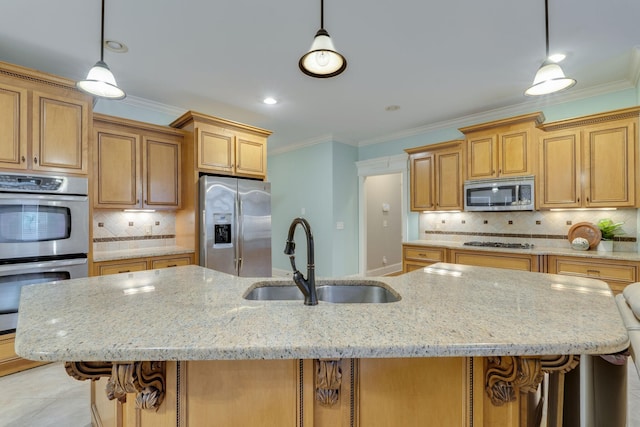 2808 Wynthrope Hall Dr N, Murfreesboro, TN 37129 - kitchen featuring appliances with stainless steel finishes, decorative backsplash, ornamental molding, and a sink