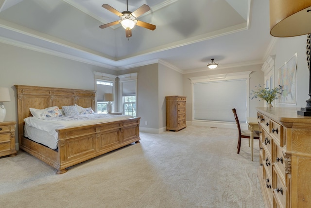 2808 Wynthrope Hall Dr N, Murfreesboro, TN 37129 - bedroom featuring light colored carpet, crown molding, ceiling fan, a tray ceiling, and baseboards