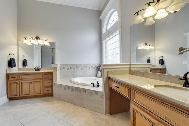 2808 Wynthrope Hall Dr N, Murfreesboro, TN 37129 - full bathroom featuring a garden tub, an inviting chandelier, two vanities, tile patterned floors, and crown molding