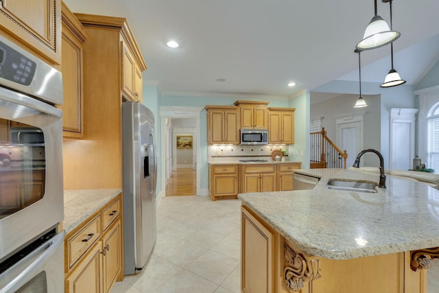 2808 Wynthrope Hall Dr N, Murfreesboro, TN 37129 - kitchen with light stone countertops, pendant lighting, a sink, stainless steel appliances, and tasteful backsplash