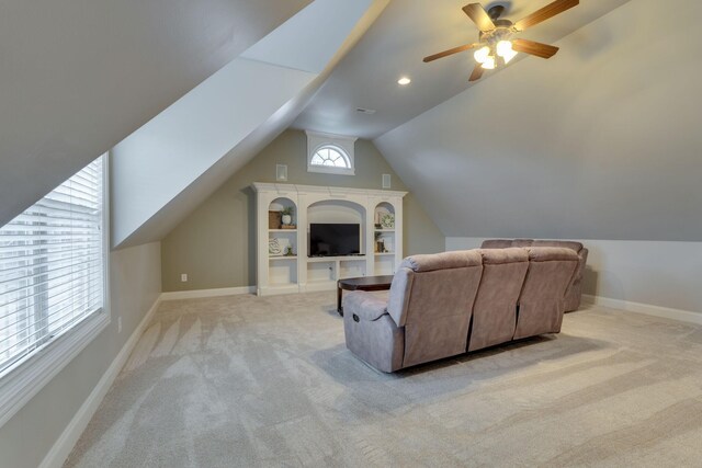 2808 Wynthrope Hall Dr N, Murfreesboro, TN 37129 - living room featuring baseboards, light carpet, ceiling fan, and vaulted ceiling