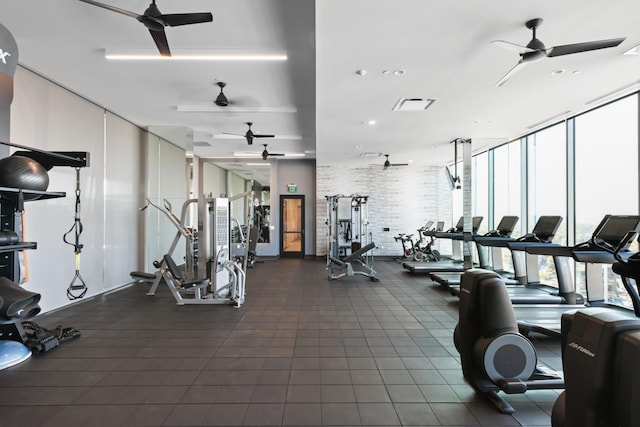 1616 W End Ave Unit 3202, Nashville, TN 37203 - exercise room with ceiling fan, visible vents, and floor to ceiling windows