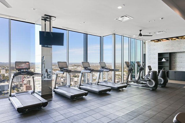 1616 W End Ave Unit 3202, Nashville, TN 37203 - gym with ceiling fan, a wall of windows, visible vents, and a healthy amount of sunlight