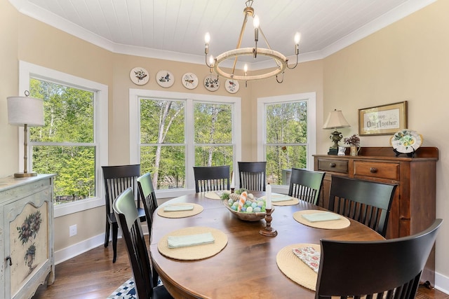 dining room featuring wood finished floors, baseboards, wooden ceiling, crown molding, and a notable chandelier