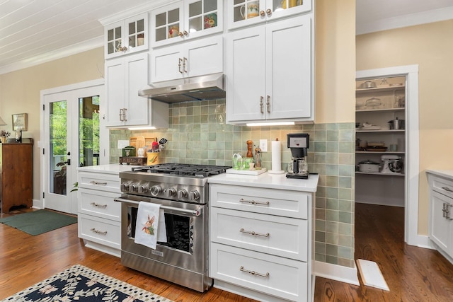 kitchen with under cabinet range hood, light countertops, stainless steel range, and crown molding