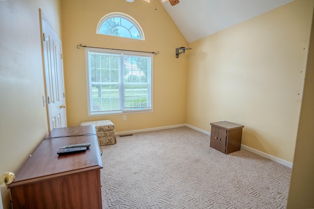 1876 Fall River Rd, Lawrenceburg, TN 38464 - unfurnished office with carpet floors, high vaulted ceiling, baseboards, and a ceiling fan